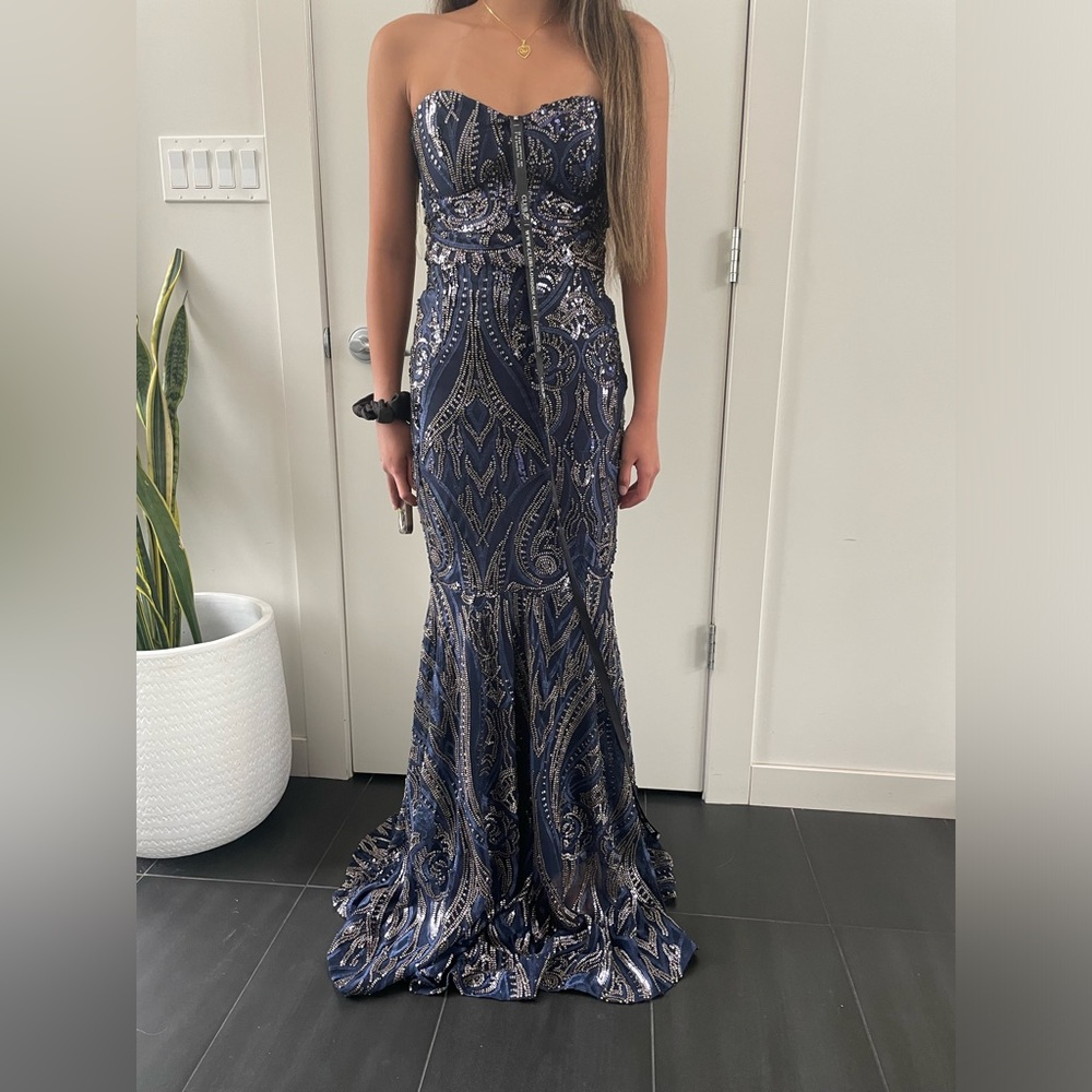 Strapless Navy Blue and Silver Maxi Dress